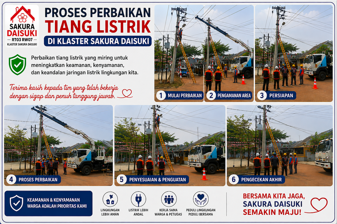 Proses Perbaikan Tiang Listrik di Klaster Sakura Daisuki Berhasil Dilaksanakan